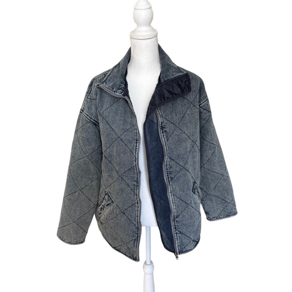 Quilted Denim Jacket Full Zip Oversized Acid Wash Women's L 100% Cotton